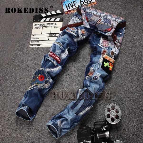 

men's jeans micro- post slim men pants patch punk stylish trousers fake designer clothes pantalones vaqueros hombre b113297u, Blue