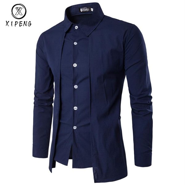 

new arrival autumn men shirt 2019 unique design fake two pieces stylish mens dress shirt long sleeve casual slim fit male shirts202z, White;black