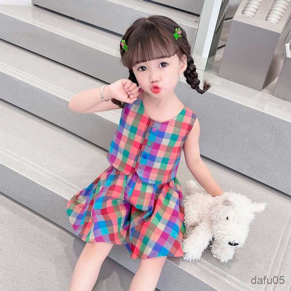 

clothing sets girls summer clothes plaid pattern clothing for girls vest short girls sets casual style costumes for children r230812, White