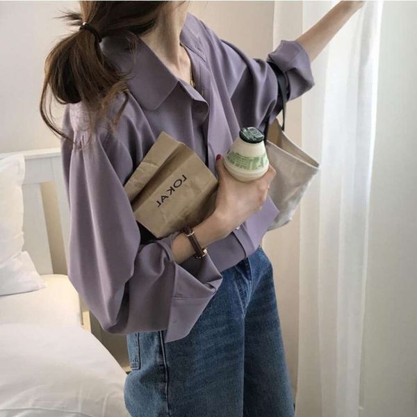 

spring and autumn shirts design niche hong kong flavored taro purple shirt womens silky long sleeve, White