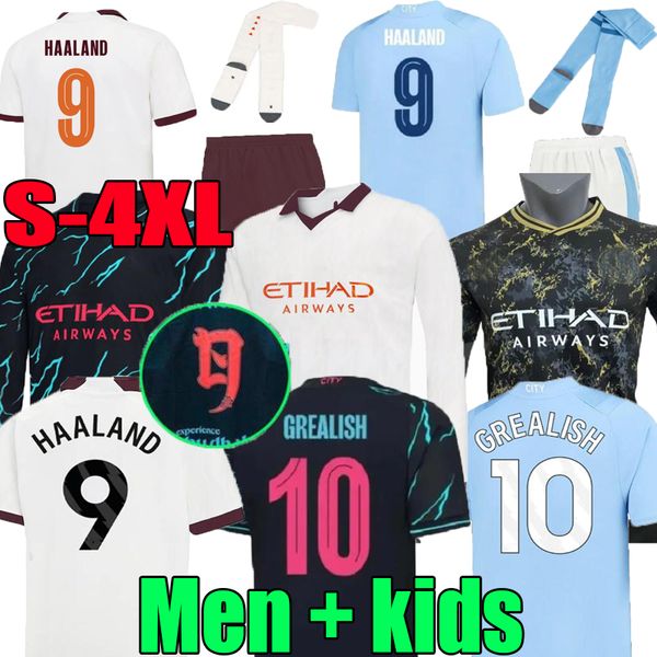 

xxxl 4xl 22 23 24 haaland home soccer jerseys grealish sterling manchester mahrez fans version de bruyne foden 2023 2024 city third men kids, Black;yellow