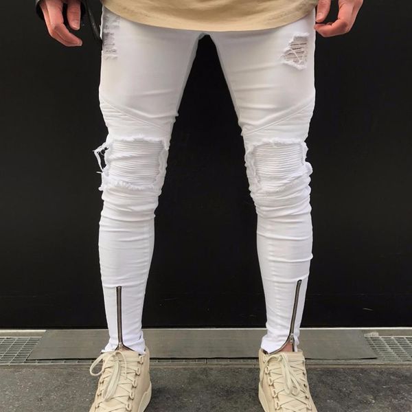 

hip hop brand designer slim fit ripped jeans men hi-street mens distressed denim joggers knee holes washed destroyed jeans232c, Blue