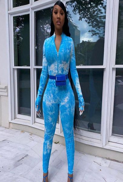 

tie dye printed zipper bodycon rompers womens jumpsuit long sleeve skinny casual sporty workout long jumpsuits fashion6050939, Black;white