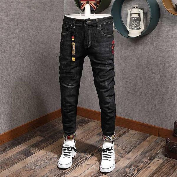 

fashion streetwear men jeans slim fit black elastic ripped jeans men japanese patches designer denim pants hip hop homme1312f, Blue