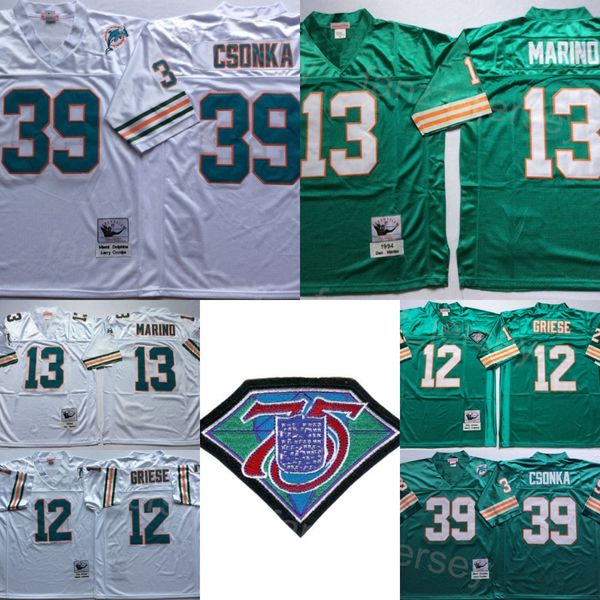 

1994 retro football 13 dan marino jerseys 12 bob griese 39 larry csonka vintage green white team color all stitching 75th anniversary for sp, Black
