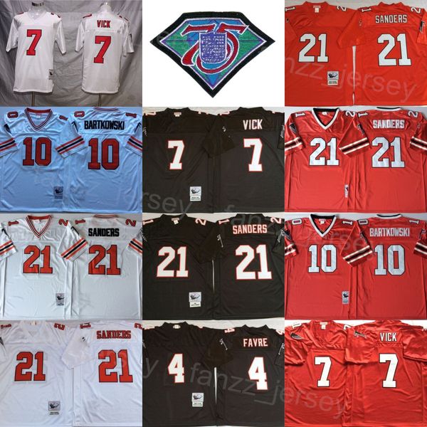 

vintage football 4 brett favre jerseys 7 michael vick 10 steve bartkowski 21 deion sanders 75th anniversary retro red black white stitched f