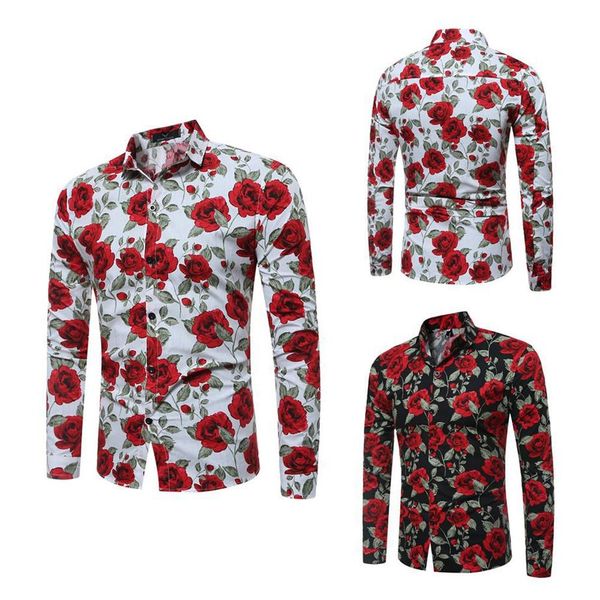 

2018 new mens long sleeve shirts floral printed large size slim fit shirts rose pattern casual single breasted shirt for spring an304a, White;black