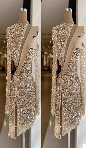 

champagne evening dresses luxury sequins beads high neck long sleeves prom dress formal party gowns custom made knee length robe d2815685, Black;red
