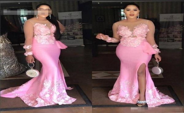

african 2020 pink mermaid side split prom dresses sheer neck long sleeves satin evening gowns prom gowns custom made vestido5429100, Black