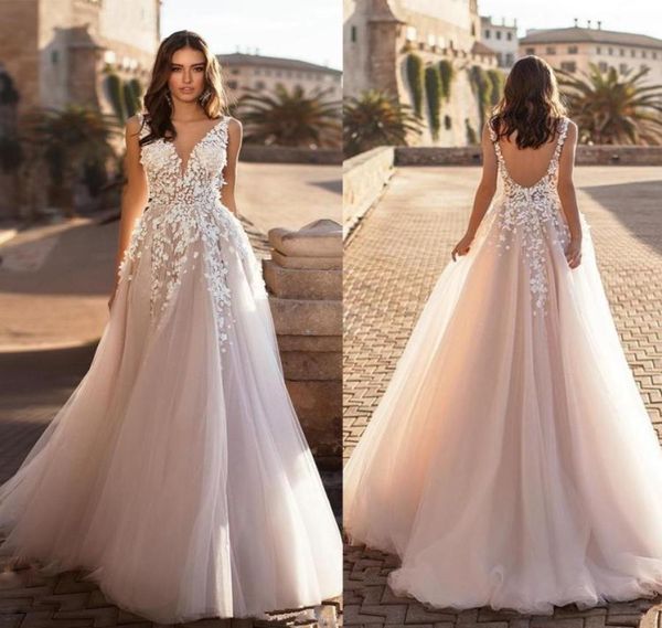 

graceful v neck beach wedding dresses backless 3d floral bridal gowns appliqued lace tulle vestido de novia plus size2652173, White