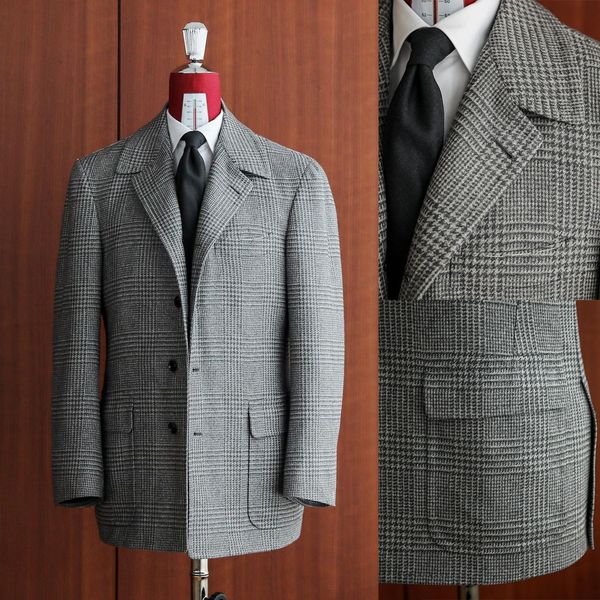 

plaid men's wedding suits fashion groom wear slim fit tuxedos peaked lapel blazer business office custom made only coat, Black;gray