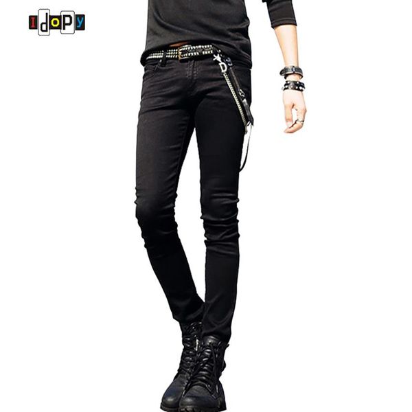 

selling mens korean designer black slim fit jeans punk cool super skinny pants with chain for male s913203f, Blue