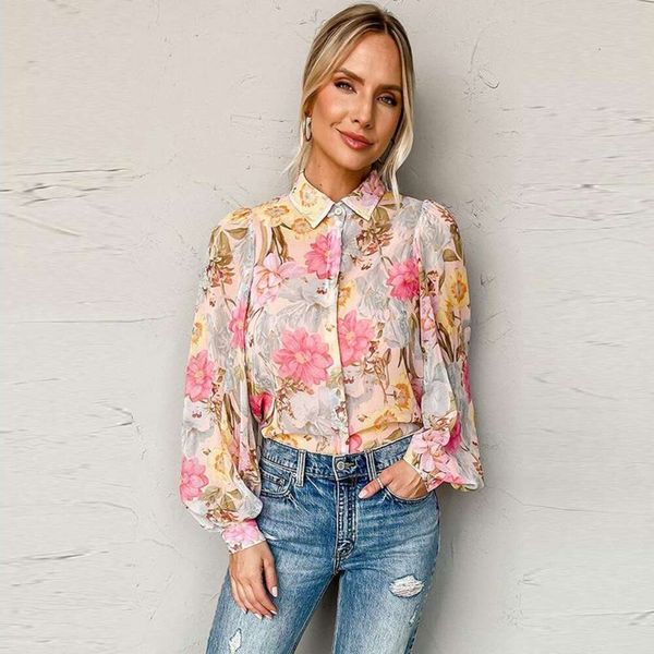 

thin sweet style printed long sleeved shirt for women autumn slim fitting, White