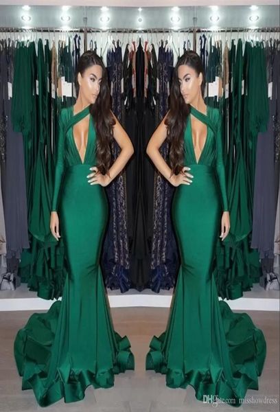 

dark green one shoulder mermaid prom dresses 2022 long sleeve ruched sweep train formal party evening gowns bc140364157565, Black