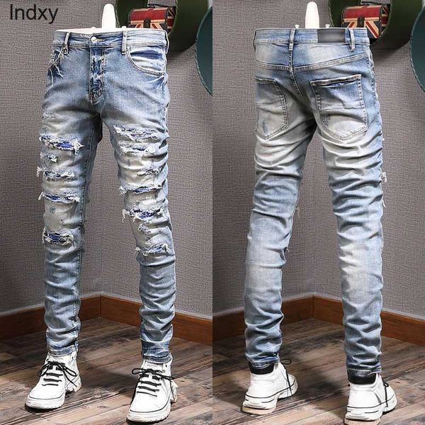 

color rip jeans man biker jeans slim fitness fade washed denim pants, Blue