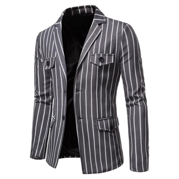 

2020 new flat collar men's blazers casual single breasted fashion striped mens blazer jacket autumn multiple pockets blazer m253v, White;black