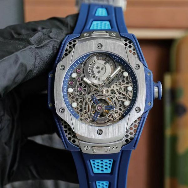 

tourbillon men's mechanical watch automatic 44mm large dial 72 hours life fast removal rubber strap sapphire mirror super luminous hand, Slivery;brown
