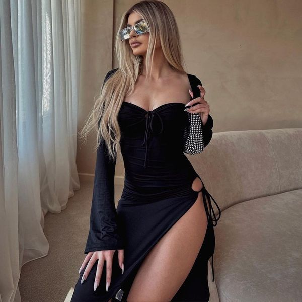

basic casual dresses long sleeve split maxi dress women autumn drawstring tie ruched bodycon elegant evening party gown 230811, Black;gray