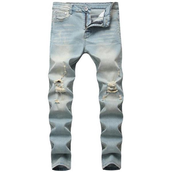 

men's jeans fashion washing casual light blue denim distressed slim stretch cowboy locomotive biker hip hop street men247q