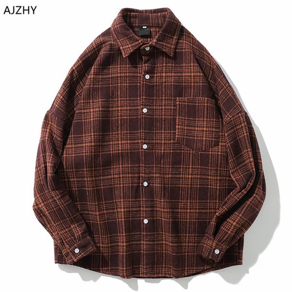 

casual men shirt long sleeve autumn winter thick plaid flannel shirts mens of women vintage japanese streetwear pocket camisas3448, White;black