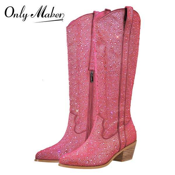 

boots onlymaker women pink knee high glitter bling shiny pointed toe block heel western cowgilr 230812, Black