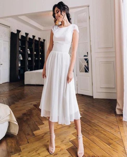 

vintage 50s wedding dress tea length backless jewel neck lace chiffon a line short bridal gowns vestido de noiva custom size4008196, White