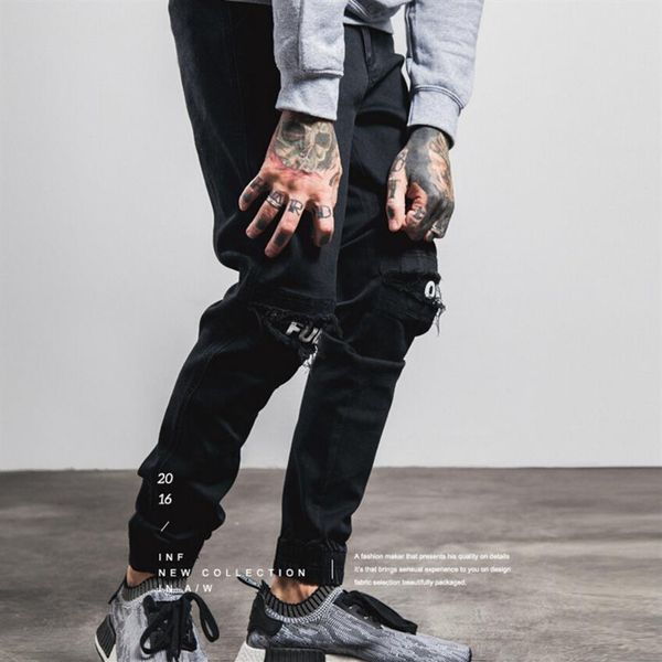 

mens ripped trousers skinny straight slim elastic biker jeans pants casual black pencil pants with letters printed design248z, Blue