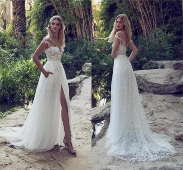 

2022 elegant bohemian wedding dresses bridal gown country designer with pocket cap short sleeves side slit reception dress2052617, White