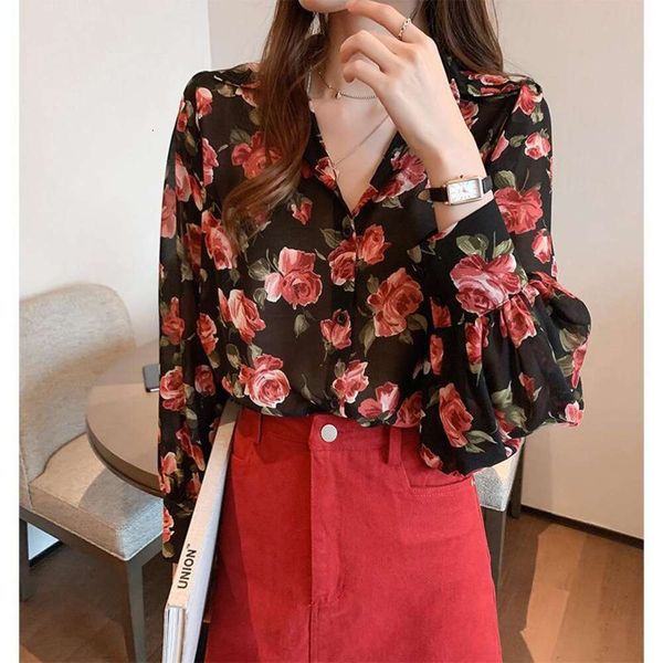 

floral blouse for shirts women retro loose design niche long sleeved chiffon shirt base, White