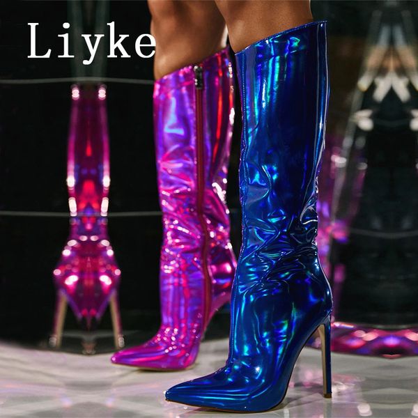

boots liyke party nightclub stripper knee high female green smooth patent leather pointed toe heel shoes zip booties 230812, Black