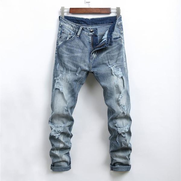 

2019 new mens jeans spring and summer time slim fit elastic waistline hole fashionable style jeans2831, Blue