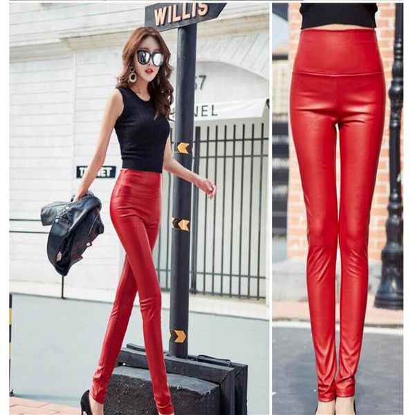 

new design fashion women's plus velvet warm bodycon tunic high waist pu leather candy color pencil pants long trousers s259r, Black;white