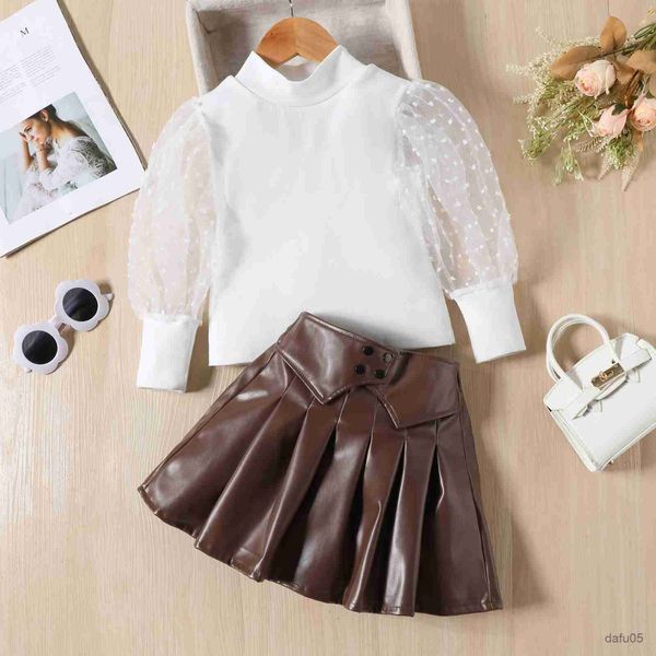 

clothing sets autumn kids girls fashion clothes sets mesh long puff sleeve turtleneck leather pleated skirts suits r230812, White