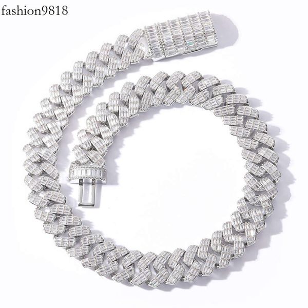 

high-end jewelry 17mm wide pure sier insert baguette moissanite cuban link chain for hip hop style, Silver