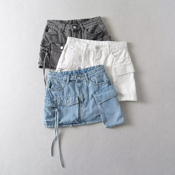 

skirts ins spicy girls 3d multi pocket work dress denim skirt women's 2023 summer anti drawstring aline halflength skirt short skirt 23, Black
