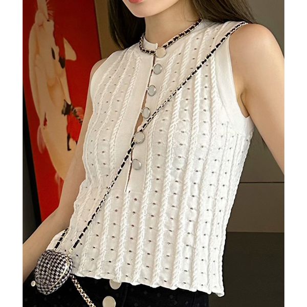 

8.12 fashion button decoration crew neck sleeveless hollow out knitted tank women, White