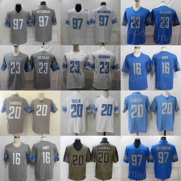 

mens football 16 jared goff jerseys 97 aidan hutchinson 20 barry sanders all stitching blue white grey team army green salute to service tur, Black;red