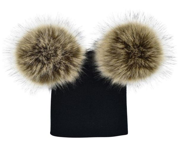 

whole 7colors kids pom pom winter knit beanie pography faux fur hat knit cap winter outdoor warm hats with double fur balls3112025, Yellow