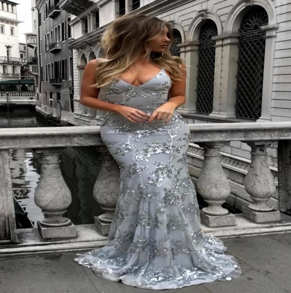 

2018 graceful v neck spahetti straps sequins mermaid long prom dress silver backless evening dresses female maxi party dress 6329761, Black