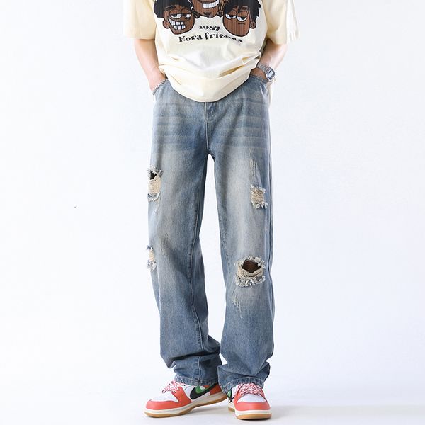 

men's jeans streetwear casual straight ripped retro blue denim men pants 230811