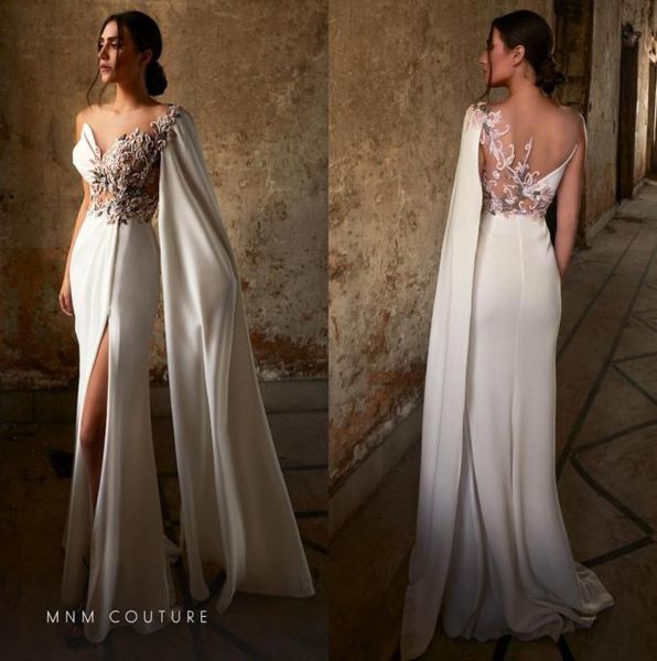 

elegant white satin mermaid prom dress with cape high side split beaded appliqued formal evening gowns sweep train party dresses5010765, Black