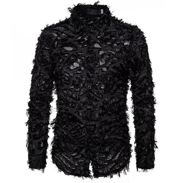 

black feather lace shirt men 2021 fashion brand nightclub singer mens dress shirts event party prom camisa social masculina m268r, White;black