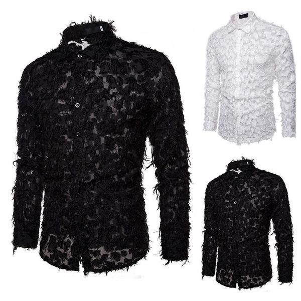 

2020 spring long sleeve men's shirt handmade three-dimensional feather lapel long sleeve shirt men clothes 2020244d, White;black