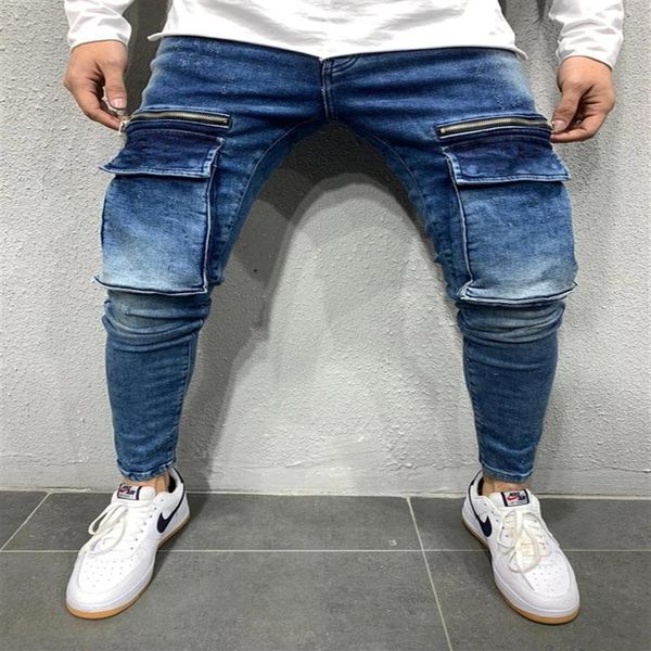 

men stretchy multi-pocket skinny jeans men pocket zipper pencil pants fashion jeans casual trousers hip hop sweatpants 220314279g, Blue