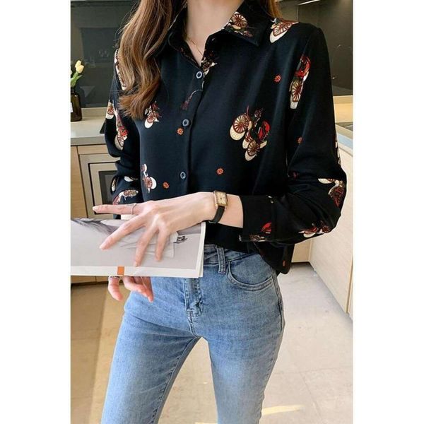 

black floral shirt for women spring and autumn style loose long sleeved tummy top, White