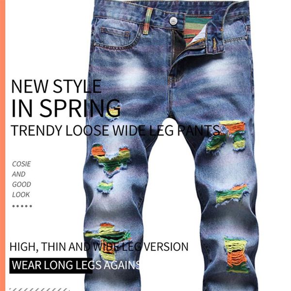 

mens fashion designer jeans straight tube loose casual abrade hip hop denim pants298r, Blue
