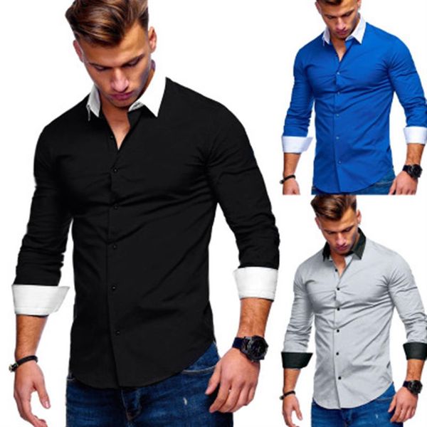 

men shirts long sleeve social shirts contrast collar fashion male slim fit black casual shirts2280, White;black