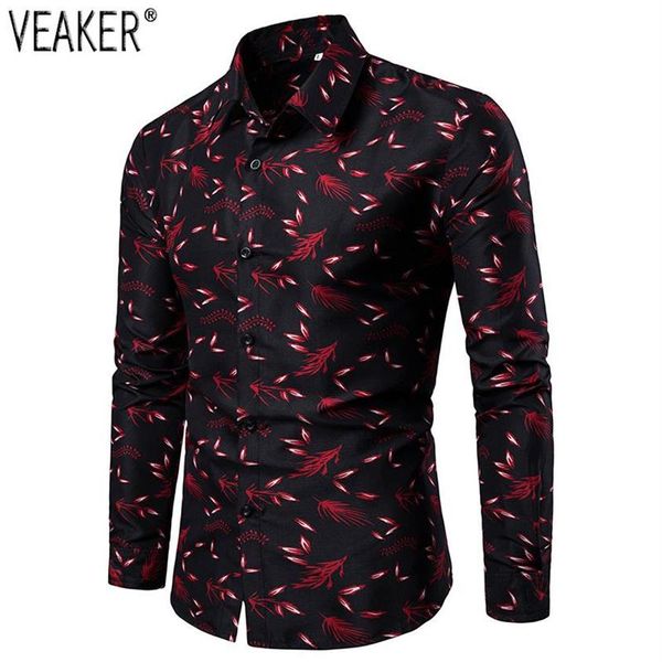 

men's casual shirts 2021 printed male slim fit long sleeve shirt men red black floral print plus size -4xl2615, White;black