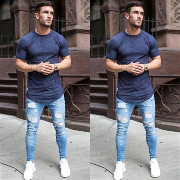 

fashion mens stretchy ripped skinny biker jeans destroyed taped slim fit denim pant vintage hole pencil trousers325u, Blue