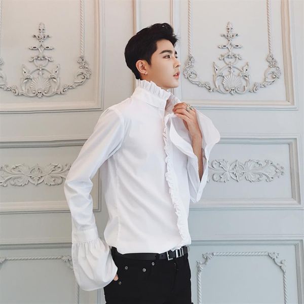 

white black stand ruffled collar flare sleeve prince stage mens tuxedo shirts party event shirts asia size248c